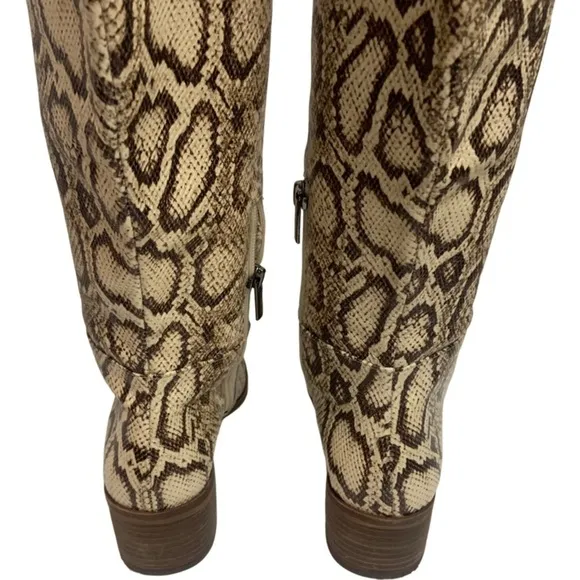 New Vince Camuto BeaAnna Leather Cream Brown Snakeskin Pattern Knee High Boots