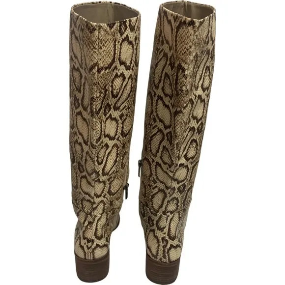 New Vince Camuto BeaAnna Leather Cream Brown Snakeskin Pattern Knee High Boots