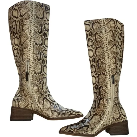 New Vince Camuto BeaAnna Leather Cream Brown Snakeskin Pattern Knee High Boots