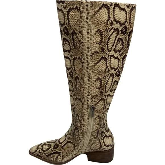 New Vince Camuto BeaAnna Leather Cream Brown Snakeskin Pattern Knee High Boots