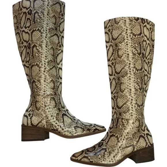 New Vince Camuto BeaAnna Leather Cream Brown Snakeskin Pattern Knee High Boots