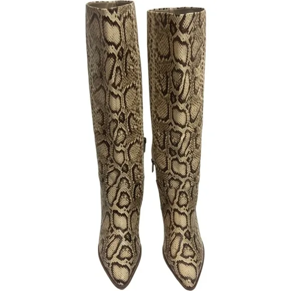 New Vince Camuto BeaAnna Leather Cream Brown Snakeskin Pattern Knee High Boots