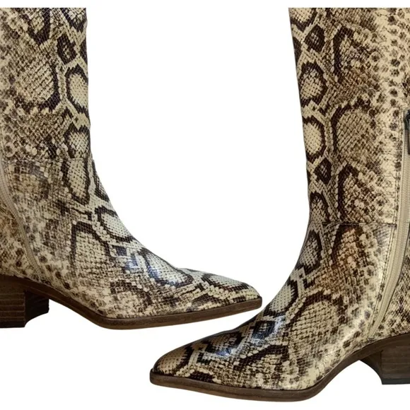 New Vince Camuto BeaAnna Leather Cream Brown Snakeskin Pattern Knee High Boots