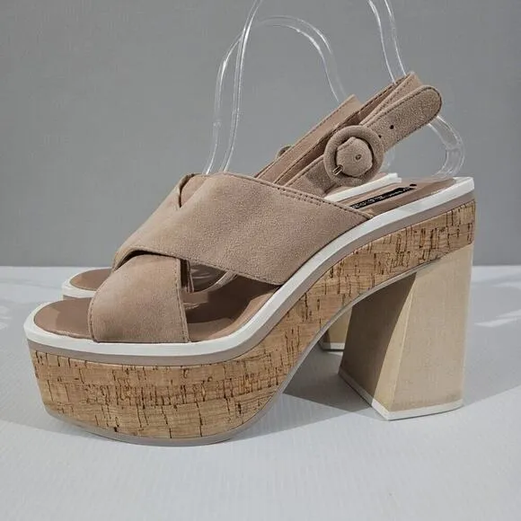 NEW Vince Camuto Celosia Sandal Slingback Platform Heel Beige Suede Size 8.5