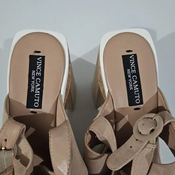 NEW Vince Camuto Celosia Sandal Slingback Platform Heel Beige Suede Size 8.5