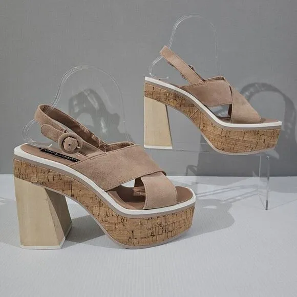 NEW Vince Camuto Celosia Sandal Slingback Platform Heel Beige Suede Size 8.5
