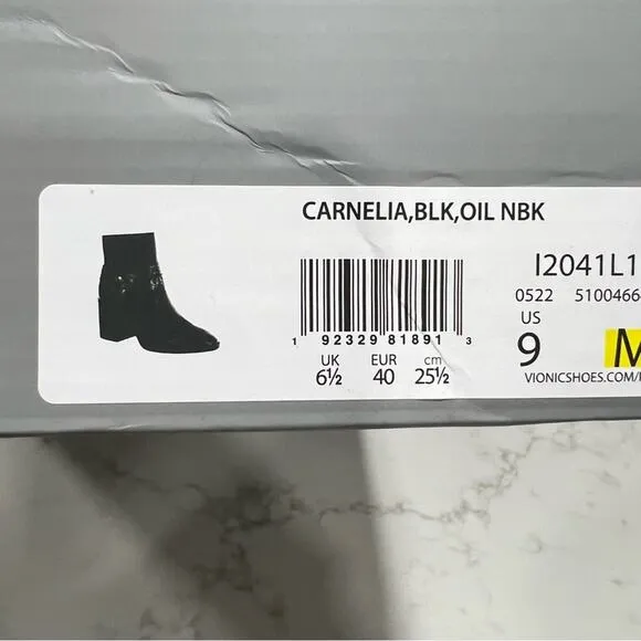 New VIONIC “CARNELIAN” BLACK LEATHER Stacked BLOCK HEEL ANKLE BOOTS/BOOTIES sz 9