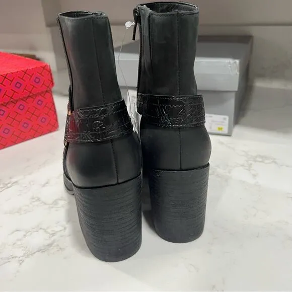 New VIONIC “CARNELIAN” BLACK LEATHER Stacked BLOCK HEEL ANKLE BOOTS/BOOTIES sz 9