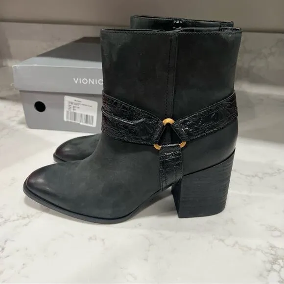 New VIONIC “CARNELIAN” BLACK LEATHER Stacked BLOCK HEEL ANKLE BOOTS/BOOTIES sz 9