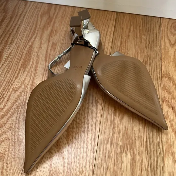 New! Zara SZ EU-41, Silver Women's kitten heel sling back shoes .