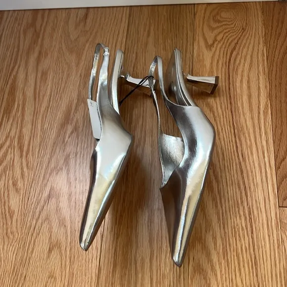 New! Zara SZ EU-41, Silver Women's kitten heel sling back shoes .