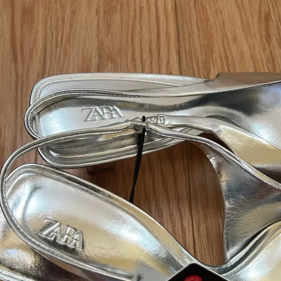 New! Zara SZ EU-41, Silver Women's kitten heel sling back shoes .