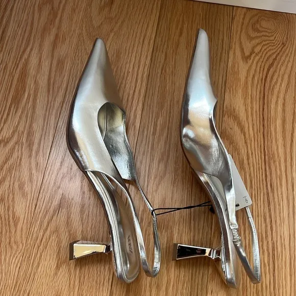 New! Zara SZ EU-41, Silver Women's kitten heel sling back shoes .