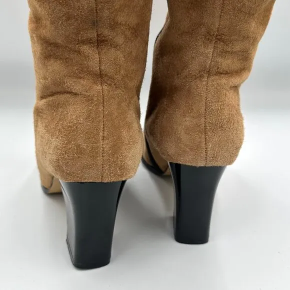 Newport News Vtg Suede Leather Knee High Camel Tan Heel Boots