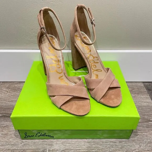 NEW Sam Edelman Yancy Block Heel Ankle Strap Sandal Caramel Suede - Size: 10