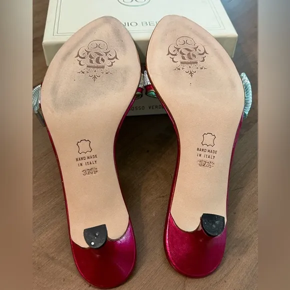 NIB ANTONIO BERARDI LEATHER PUMP HEEL Sandals SIZE 37/US 6.5 Metallic Pink/Green