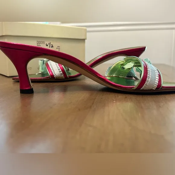 NIB ANTONIO BERARDI LEATHER PUMP HEEL Sandals SIZE 37/US 6.5 Metallic Pink/Green