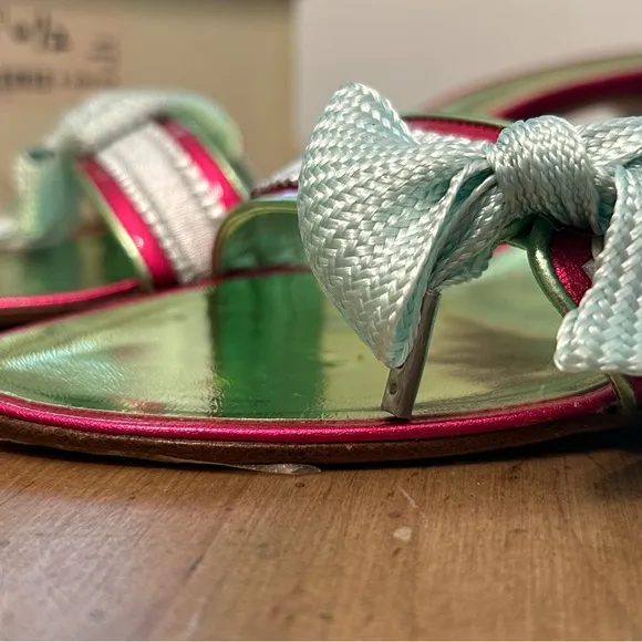 NIB ANTONIO BERARDI LEATHER PUMP HEEL Sandals SIZE 37/US 6.5 Metallic Pink/Green