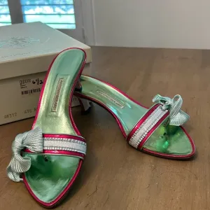NIB ANTONIO BERARDI LEATHER PUMP HEEL Sandals SIZE 37/US 6.5 Metallic Pink/Green