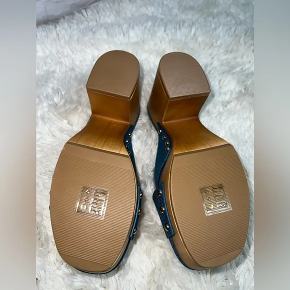 NIB CALL IT SPRING SPENCER Denim Cross Strap Block Heeled Sandals Sz. 7.5
