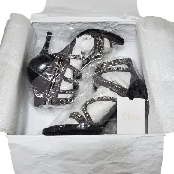 NIB Chloé Victoria Leather Chain Link Gladiator Sandals Heels Iguana Women's 8.5
