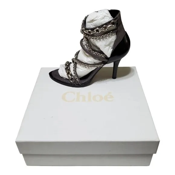 NIB Chloé Victoria Leather Chain Link Gladiator Sandals Heels Iguana Women's 8.5