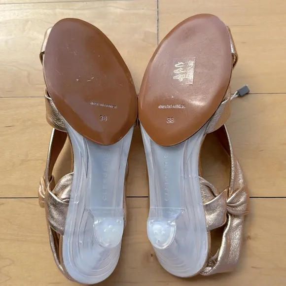 nib CLERGERIE Translucent Wedge Heel Sandals in Rose Gold – size 7.5