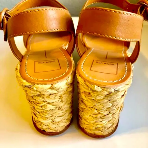 NIB DOLCE VITA Dane Caramel Leather Sandal Platform Wedge Espadrilles SZ 10
