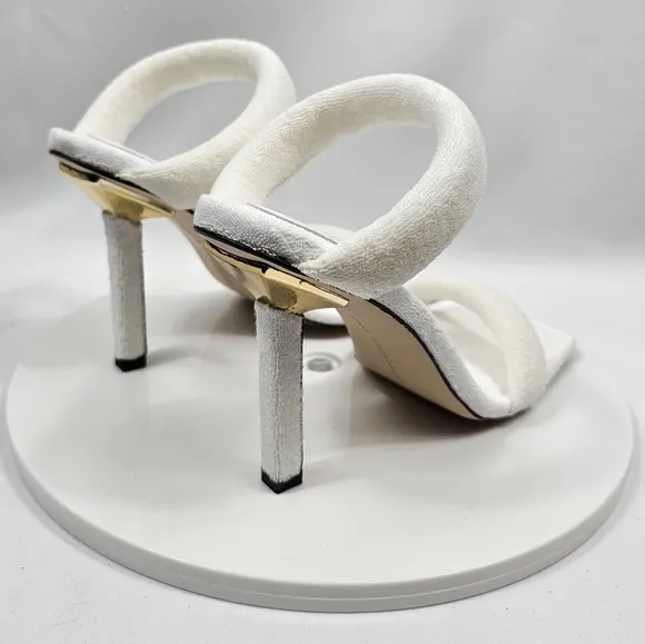 NIB Good American Terry Slip-On High Heel Sandals Square Open Toe White Gold 8