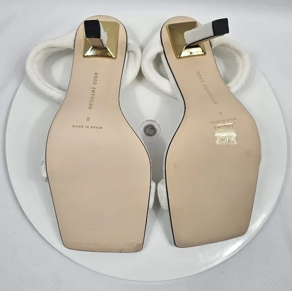 NIB Good American Terry Slip-On High Heel Sandals Square Open Toe White Gold 8