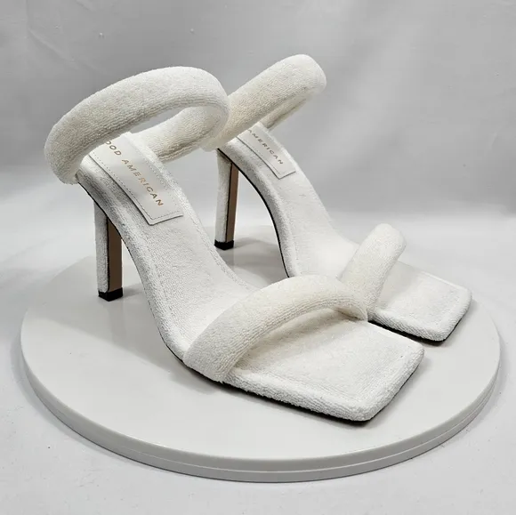 NIB Good American Terry Slip-On High Heel Sandals Square Open Toe White Gold 8