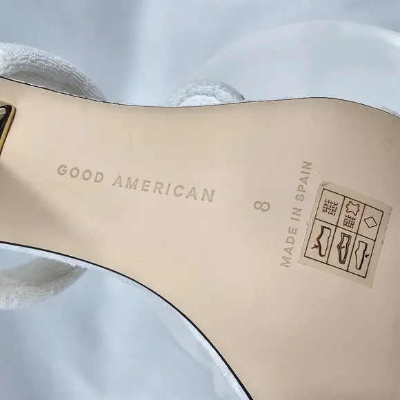 NIB Good American Terry Slip-On High Heel Sandals Square Open Toe White Gold 8