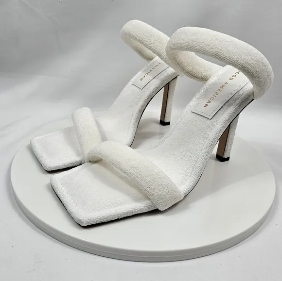NIB Good American Terry Slip-On High Heel Sandals Square Open Toe White Gold 8