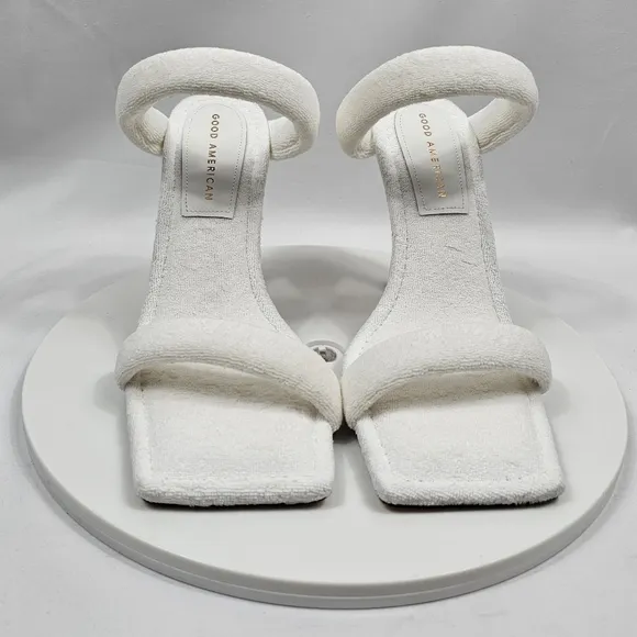NIB Good American Terry Slip-On High Heel Sandals Square Open Toe White Gold 8
