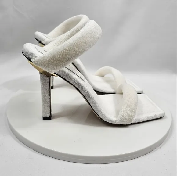 NIB Good American Terry Slip-On High Heel Sandals Square Open Toe White Gold 8