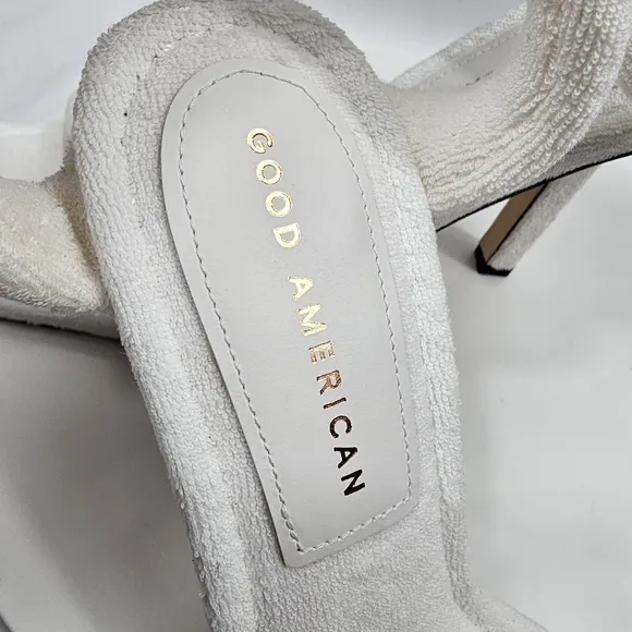 NIB Good American Terry Slip-On High Heel Sandals Square Open Toe White Gold 8
