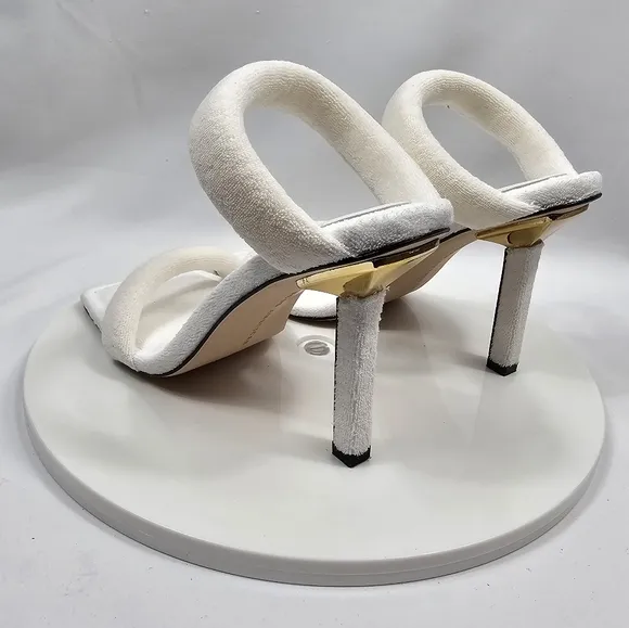 NIB Good American Terry Slip-On High Heel Sandals Square Open Toe White Gold 8
