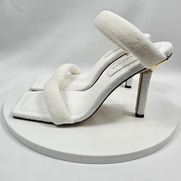 NIB Good American Terry Slip-On High Heel Sandals Square Open Toe White Gold 8