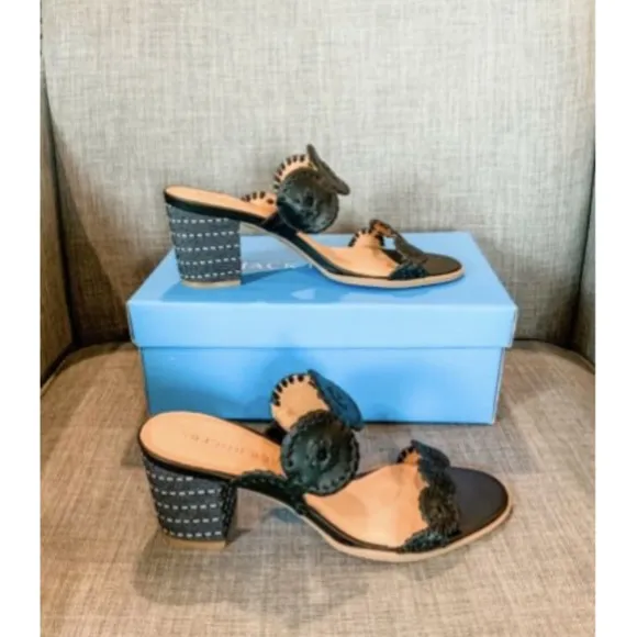 NIB Jack Rogers Lauren Mid Heel Sandals - Black &amp; White - Size 9