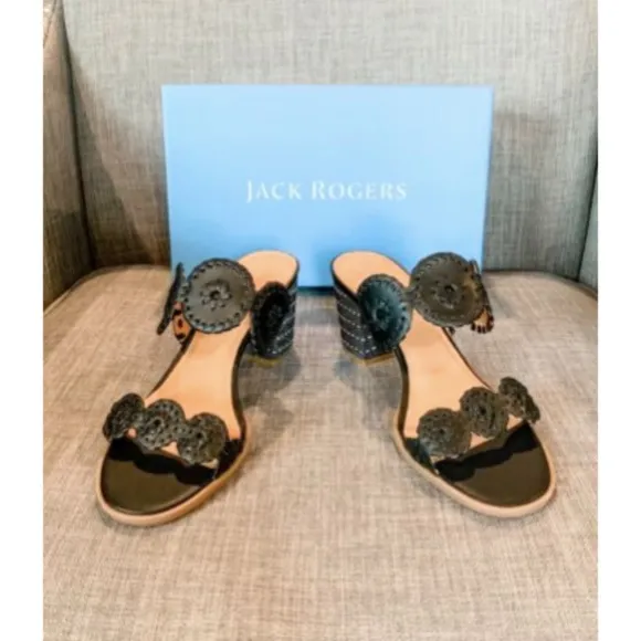 NIB Jack Rogers Lauren Mid Heel Sandals - Black &amp; White - Size 9