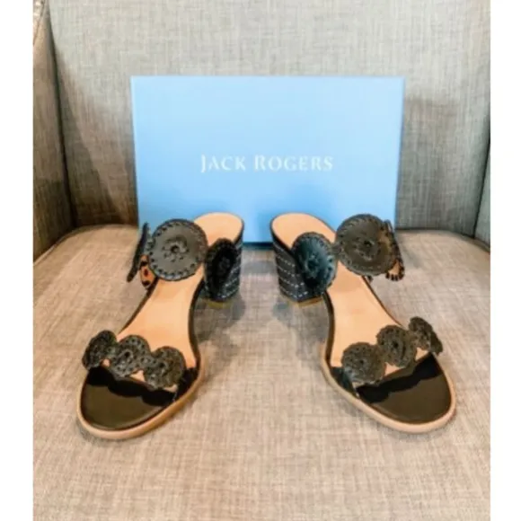 NIB Jack Rogers Lauren Mid Heel Sandals - Black &amp; White - Size 9