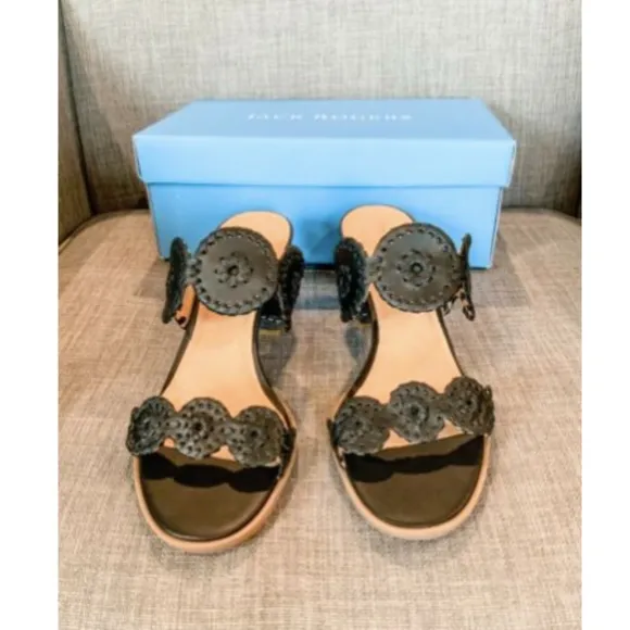 NIB Jack Rogers Lauren Mid Heel Sandals - Black &amp; White - Size 9