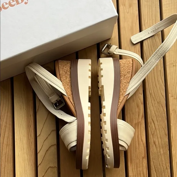 nib See by Chloé Robin Leather Platform Wedge Sandals in Ivory size 36 | 6