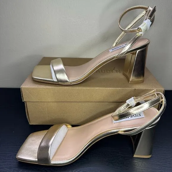 NIB Womans Steve Madden Luxe Block Heeled Sandals in Gold size 7.5M