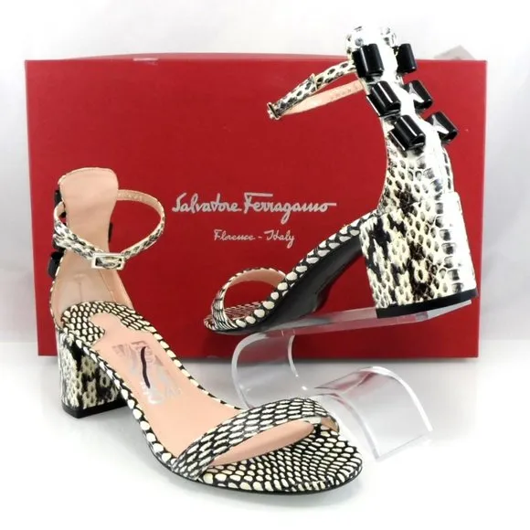 NIB$895 SALVATORE FERRAGAMO Connie Mid-Block-Heel Bows Ankle Strap Sandals 6.5