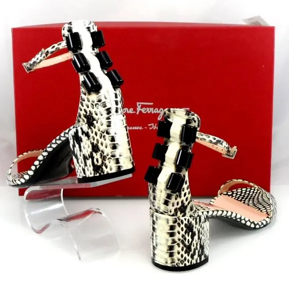 NIB$895 SALVATORE FERRAGAMO Connie Mid-Block-Heel Bows Ankle Strap Sandals 6.5
