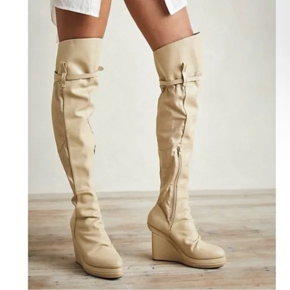 Nicholas K Jedda Over The Knee Boots Wedge Shoes Off-White/Beige Size 37/US 6.5