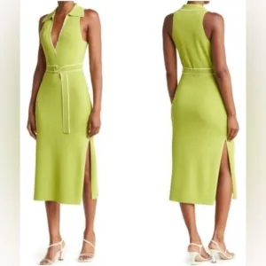 Nicholas Giuliana EUC Sweater Dress Rib‎ Knit Midi Belted Lime Dress - size XS