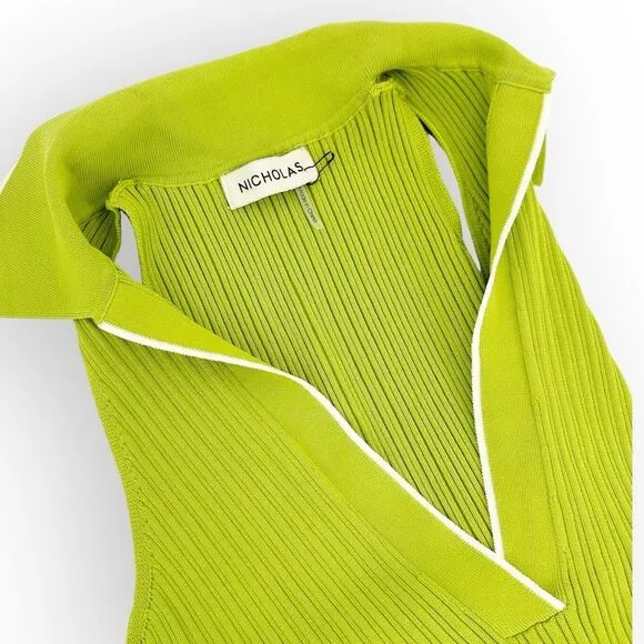 Nicholas Giuliana EUC Sweater Dress Rib‎ Knit Midi Belted Lime Dress - size XS