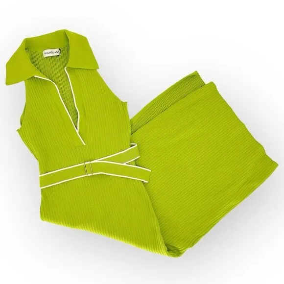 Nicholas Giuliana EUC Sweater Dress Rib‎ Knit Midi Belted Lime Dress - size XS
